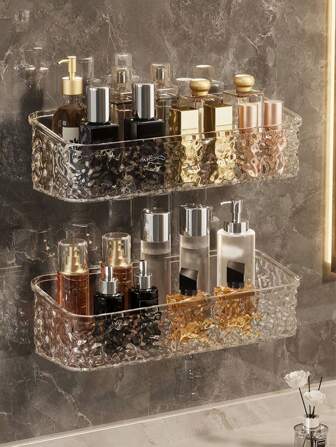 1pc Glacial Acrylic Bathroom Organizer - No Drill Wall Mounted Shelf For Vanity Storage Counter Frosted Ice Pattern Makeup & Skincare Storage Rack Waterproof Adhesive Shelves For Shower Corner Space Saving Bathroom Decor For Summer Spa Retreat