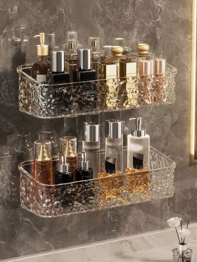 1 pieza Organizador de baño de acrílico glacial - Estante montado en la pared sin taladro para almacenamiento de tocador, patrón de hielo esmerilado, estante de almacenamiento impermeable para maquillaje y cuidado de la piel, ahorro de espacio, decoración de baño para retiro de spa de verano