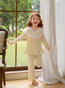 2pcs Young Girl' Simple Plain Apricot Color Long Sleeve Top And Pants Casual Comfortable Homewear Set - Apricot - View 5
