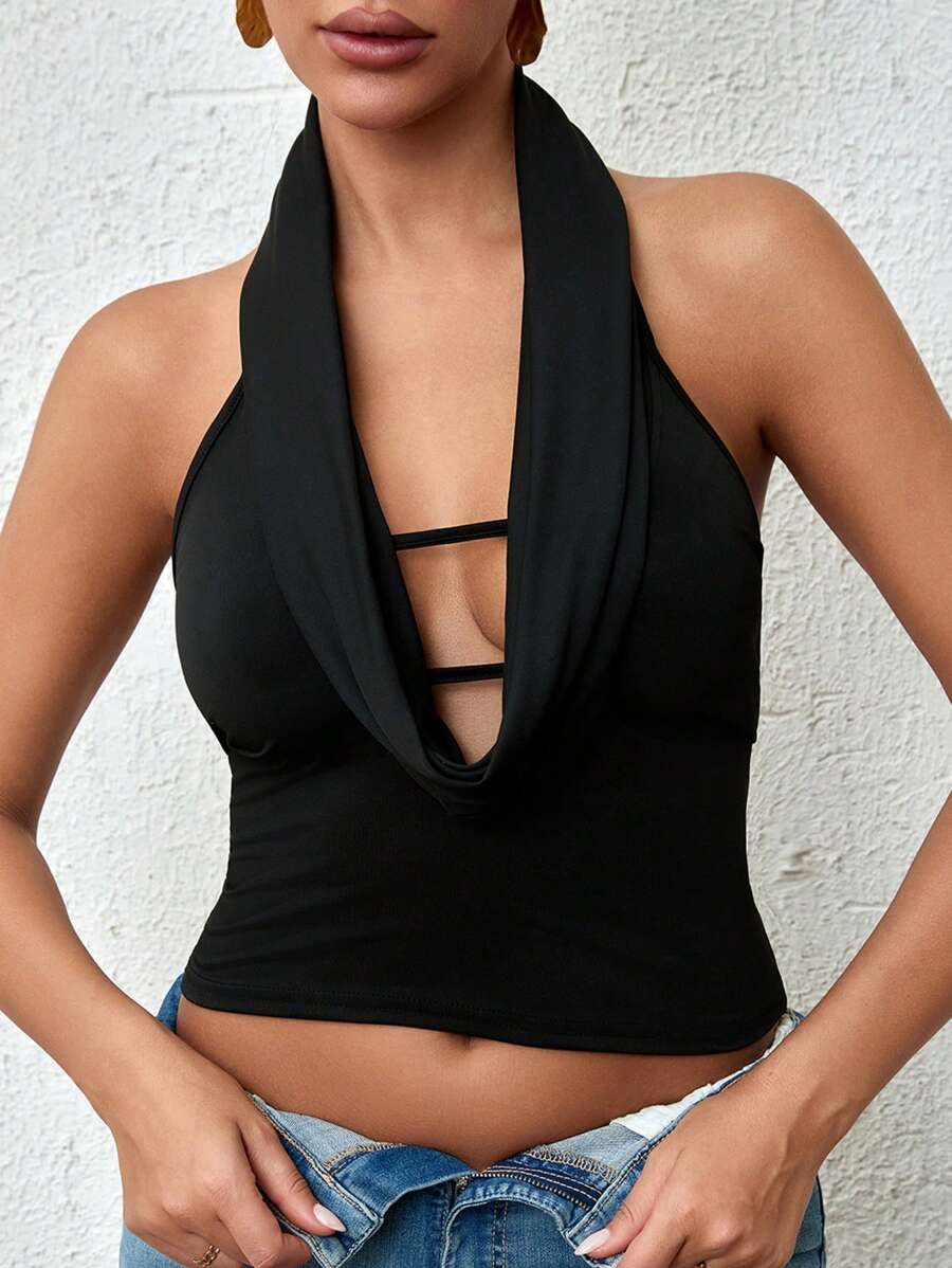 SHEIN ICON 女性夏季純色披肩領露背性感背心連領圍 - 黑色 - 查看 1