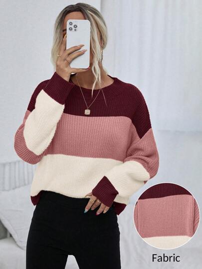Calvaya Color Block Drop Shoulder Sweater,Long Sleeve Tops Knit Pullover Fall Winter Sweater