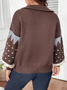 EMERY ROSE Damen Große Größen Pullover mit geometrischem & Muster Aufdruck, langer Reißverschluss, Polokragen, locker geschnitten, Lässig, Herbst/Winter - Braun - Übersicht 2