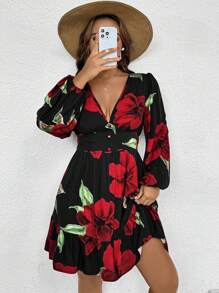 SHEIN VCAY 大码花卉印花灯笼袖收腰连衣裙情人节度假服装女士情人节礼物情人节服装度假 - 彩色 - 查看 6