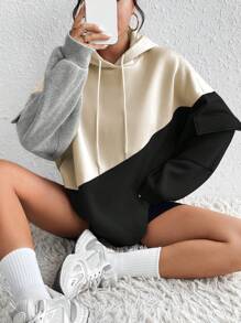 SHEIN Unity Áo nỉ trùm đầu tay dài túi họa tiết khối màu dành cho nữ mùa thu - Màu be - Xem 5