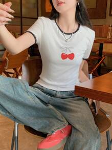 DAZY Women's Cherry Print Trim Round Neck Short Sleeve Casual T-Shirt Cute Tops