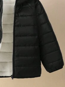 SHEIN 1 件年轻男孩休闲百搭舒适宽松纯色实用拉链连帽棉服外套、绗缝外套、冬季外套，适合返校、生日、婴儿洗礼、节日派对、秋冬季 - 黑色 - 查看 6