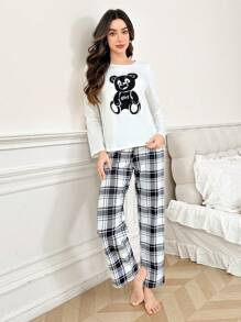 2pcs Bear Plaid Print Long Sleeve Pajama Set - Black and White - View 5