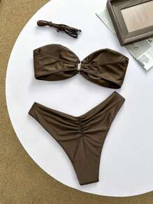 SHEIN Swim Conjuntos de Maiô Bikini Sexy com Decote Bandeau e Decoração de Metal em Cor Sólida, Verão - Café - Visão 2