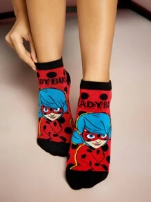 Miraculous Ladybug X SHEIN 2pcs Cartoon Figure And Polka Dot Pattern Ankle Socks Set, Women