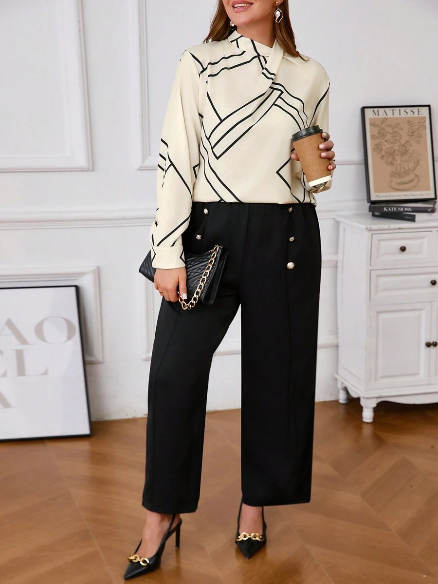 SHEIN Clasi 2pcs/Set Women Plus Size Floral Print Shirt And Straight Pants Suit