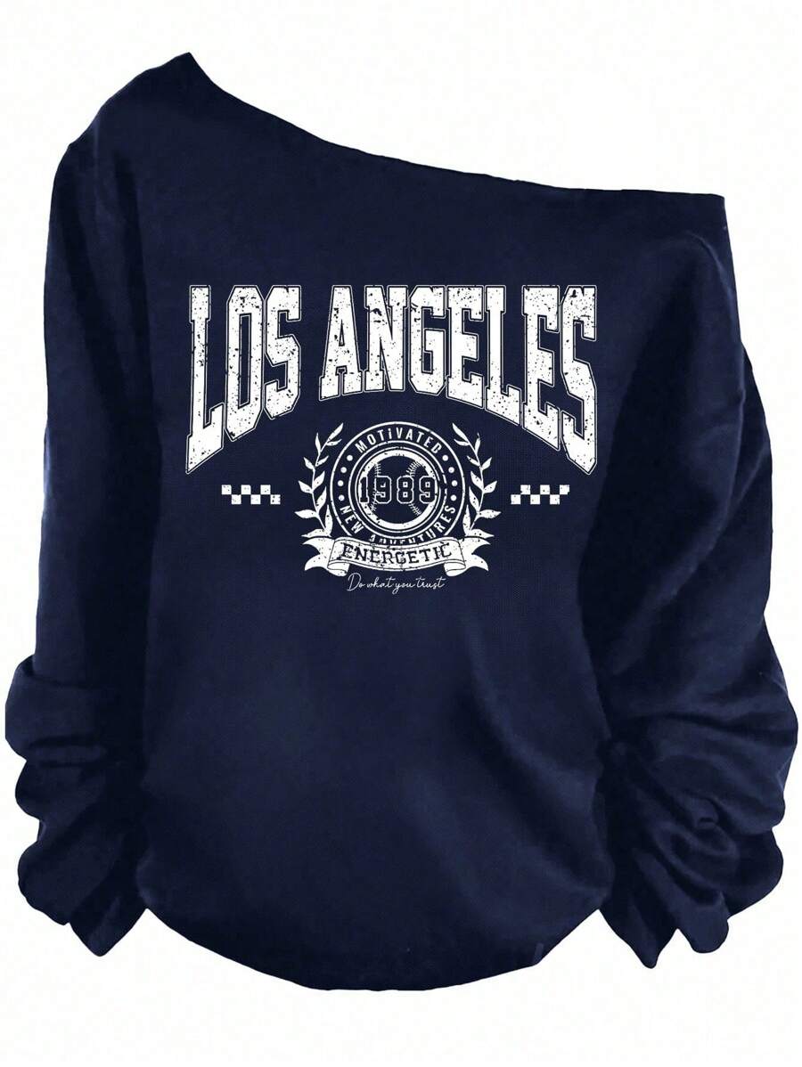 SHEIN EZwear Casual College Style Deep Navy California Graphic Loose Off Shoulder Thick Hoodie Sweatshirt Back To School Fall And Winter Clothing Autumn And Winter - Navy Blue - View 1