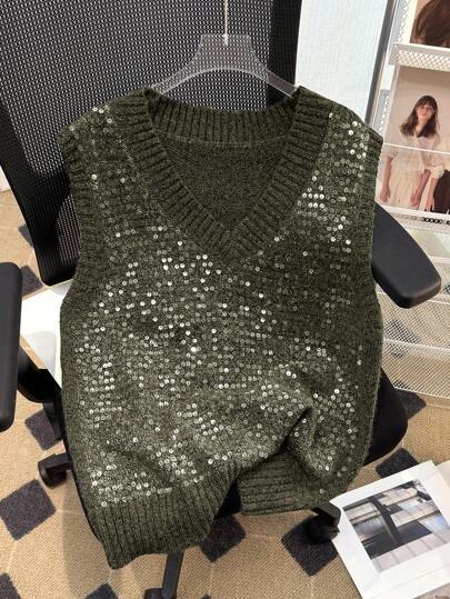 GlowEve CURVE 大码女式纯色亮片 V 领宽松毛衣背心，秋冬款