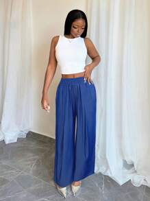 BamGleam Calça casual feminina lisa com bolso na cintura elástica, uso diário - Azul - Ver 5