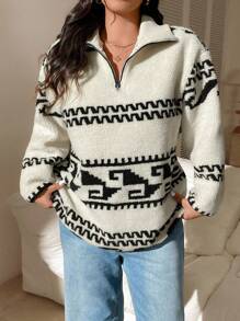 Calvaya Plus Size Long Sleeve Turtleneck Zip-Up Printed Warm Thick Hoodie With Pockets, For Winter