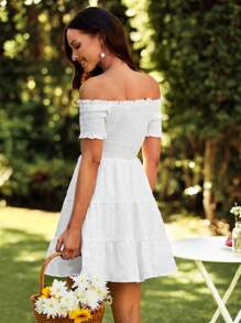 SHEIN VCAY Women's Elegant Off Shoulder Ruffle Hem Solid Summer Dress,For Summer Vacation - White - View 2