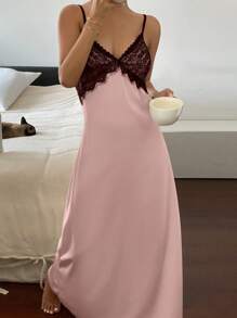 DAZY Lace Patchwork Satin Cami Backless Nightgown Pajama - Pink - View 6