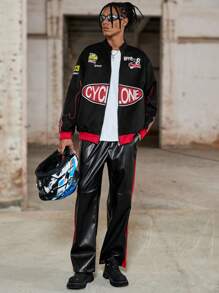 PAVTROS 男士休闲火焰与字母印花夹克，秋季 - 黑色 - 查看 4