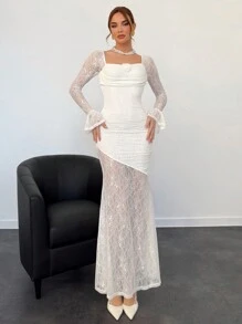 Aloruh Women Elegant Romantic Vintage Lace Solid Color Beige Long Sleeve Ruffle Decor Bodycon Fishtail Dress, Autumn/Winter - White - View 4