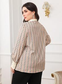 Modelyn Áo cánh tay dài cổ buộc in họa tiết Elegance cỡ lớn cho nữ, mùa thu - Nhiều màu - Xem 2