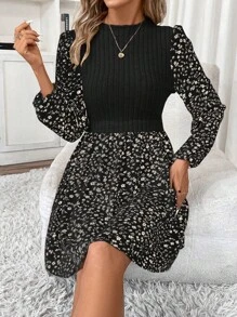 SHEIN Frenchy Váy chắp vá hoa tay đèn lồng in họa tiết hoa cho nữ - màu đen - Xem 6