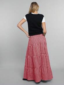 Easelle 格子印花高腰荷叶边下摆半身裙 - 紅色 - 查看 2