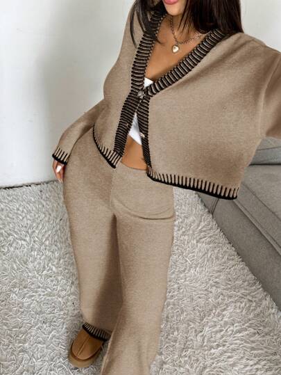 SHEIN EZwear 2pcs/Set Women Solid Color Patchwork Front Button Long Sleeve Casual Sweater And Pants Set,Women's Fall Clothes
