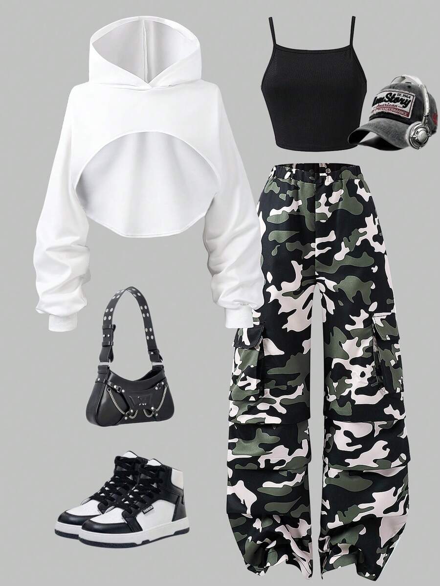 SHEIN ChillGRL 2 件青少年女孩街头服装套装：短款连帽运动衫搭配迷彩多口袋工装裤