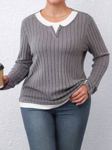 SHEIN LUNE Plus Size Women Ribbed Velvet Color Block Casual 2 In 1 T-Shirt For Autumn/Winter - Grey - View 7