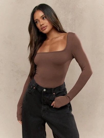 MISSGUIDED 方领长袖紧身衣修身芭蕾风格运动休闲紧身衣秋冬分层必备健身性能上衣