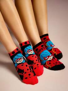 Miraculous Ladybug X SHEIN 2pcs Cartoon Figure And Polka Dot Pattern Ankle Socks Set, Women