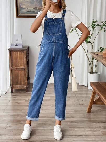 SHEIN Spodnie ogrodniczki jeansowe dla kobiet w ciąży, kieszenie boczne, ściągacz w pasie, casualowe, z przetarciami na dole