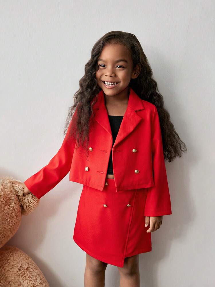 2pcs Young Girls' Casual Solid Color Double-Breasted Blazer Jacket And Skirt Set
