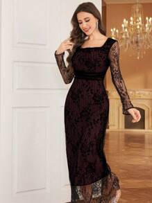 Modelyn 女士方领长袖蕾丝长款优雅连衣裙酒红色女士长款晚礼服秋季女士服装