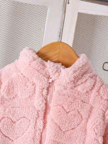 2pcs Baby Girls' Casual Heart-Checkered Fleece Jacket & Pants Set, Warm Winter Outfit With Cuffed Sleeve & Legs For Outdoor