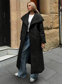 Aloruh Casaco feminino longo e acolchoado, com cor sólida, manga longa, colarinho e comprimento casual - Preto - Visão 5