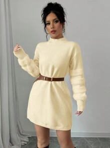 Elenzga Women's Solid Color Stand Collar Long Sleeve Simple Short Sweater Dress - Apricot - View 5