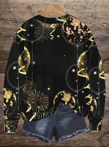 SHEIN LUNE 2025 Celebration Balloon & Fireworks Graphic Loose Fit Crew Neck Knit Sweater, Suitable For Autumn/Winter - Black - View 2
