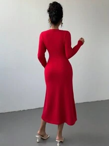 Calvaya Vestido de suéter tejido con tachuelas rojas, moda minimalista casual para uso diario