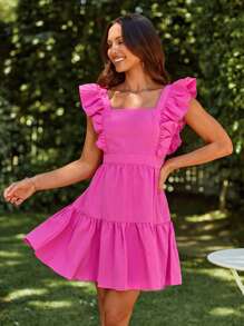 SHEIN VCAY Romantic Summer Vacation Square Neck Ruffle Trim Ruffle Hem Dress For Women
