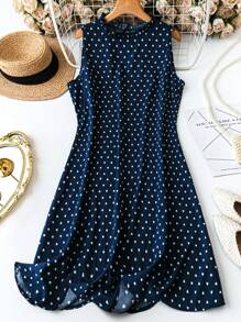 SHEIN LUNE Plus Size Women Heart Print Frill Trim Round Neck Sleeveless Casual Dress For Summer - Navy Blue - View 1