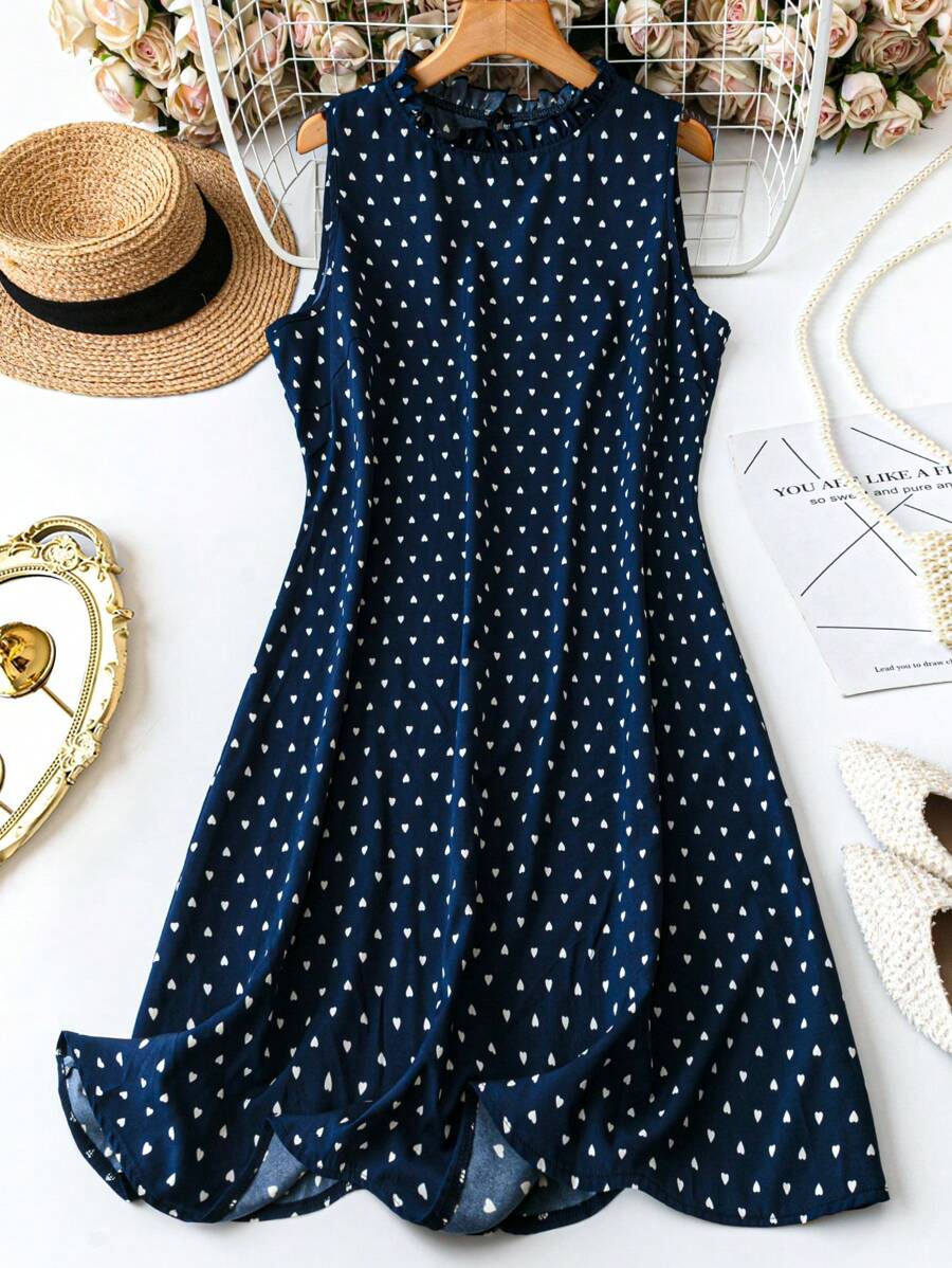 SHEIN LUNE Plus Size Women Heart Print Frill Trim Round Neck Sleeveless Casual Dress For Summer - Navy Blue - View 1