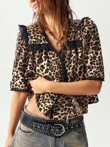 Bohemela Casual Chiffon Leopard Print V-Neck Puff Sleeve Blouse For Women