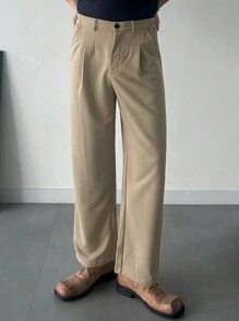 DAZY 男式纯色正面有纽扣口袋简约直筒下摆运动裤 - 卡其色 - 查看 6