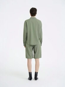 SHEIN LUNE Women's Casual Solid Color Set, Long Sleeve Shirt & Shorts, Suitable For Spring/Summer Fall Cloth For Women - Army Green - View 2