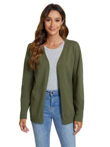 SHEIN LUNE 女士橄榄绿色针织开衫，百搭轻便前开衫，适合秋冬季 - 橄欖綠 - 查看 1