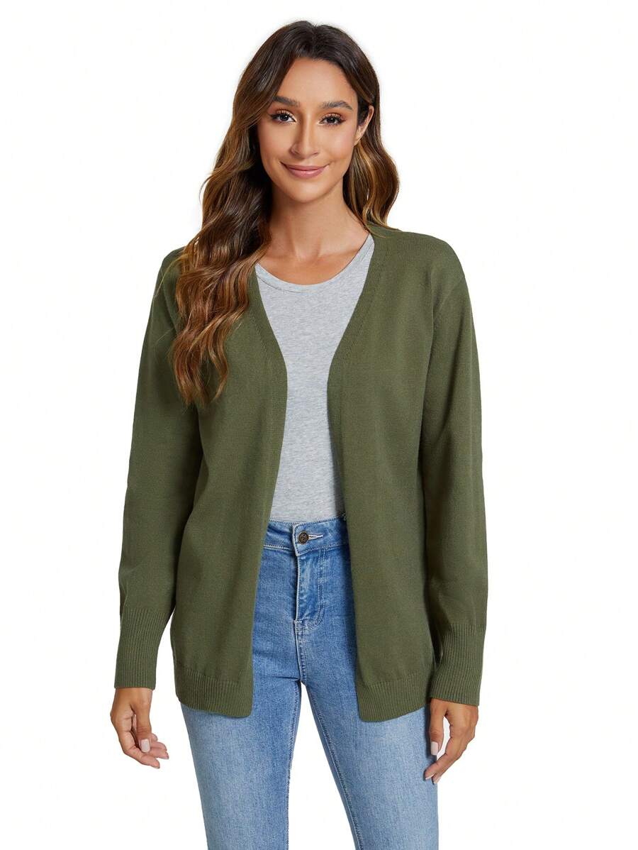 SHEIN LUNE 女士橄榄绿色针织开衫，百搭轻便前开衫，适合秋冬季 - 橄欖綠 - 查看 1