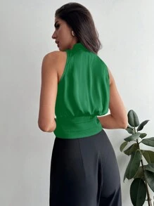 Firerie Blusa de satén elegante y elegante para ir al trabajo con botones decorativos que ciñen la cintura de la mujer - Verde - Ver 2