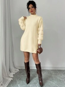 Elenzga Women's Solid Color Stand Collar Long Sleeve Simple Short Sweater Dress - Apricot - View 3