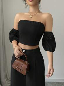 Elenzga Conjunto de 2 piezas con top de manga abullonada y hombros descubiertos y pantalones de pierna ancha de unicolor para mujer - Negro - Ver 6