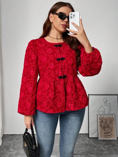 SHEIN Frenchy Áo sơ mi cài nút phía trước họa tiết jacquard màu đỏ rượu vang đơn giản, rộng rãi, cỡ lớn, tiệc tùng, năm mới, ngày lễ tình nhân lãng mạn